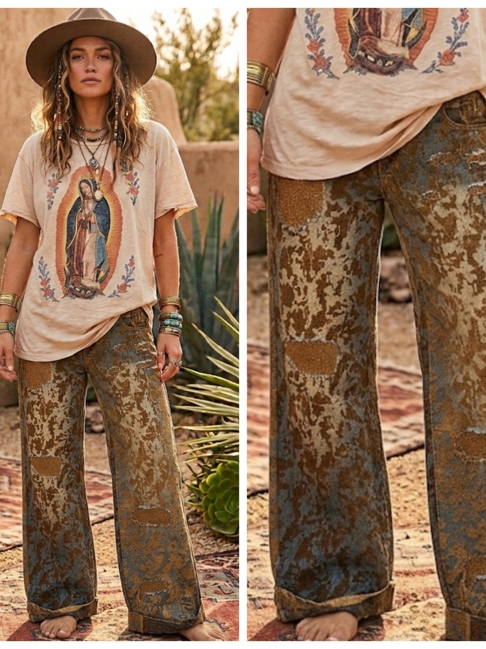 Boho Relaxed Wide-Leg Patchwork Jacquard Jeans